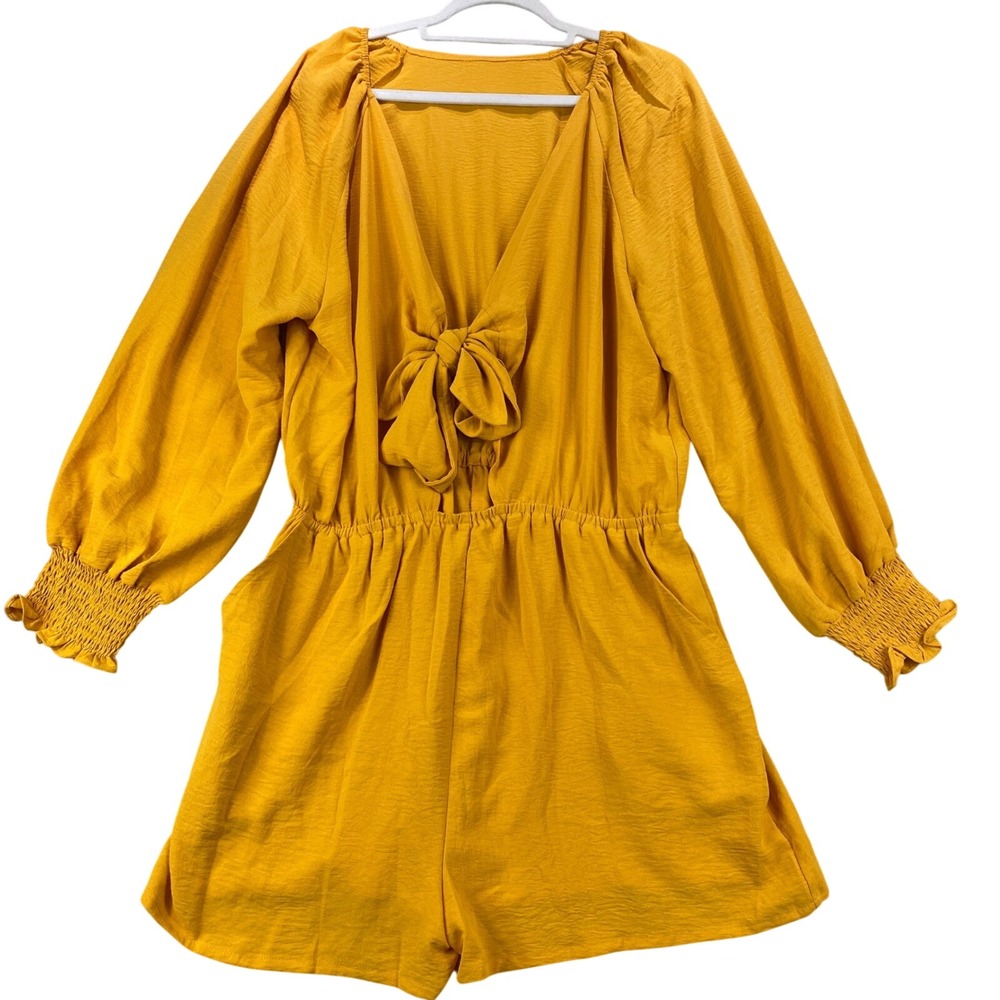 Womens Mustard Yellow Tie Front Long Sleeve Romper Size XL Smocked Cuff Boho
